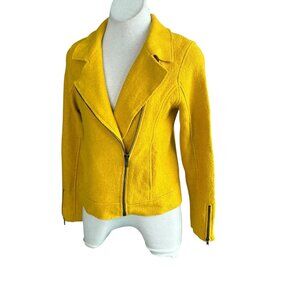 Tahari Wool Blend Boucle Moto Asymmetrical Side Zip Jacket Mustard Gold Size S